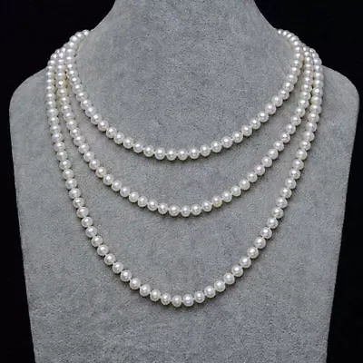 Long 100 Inch 7-8mm White Natural Freshwater Pearl Necklace Sweater Chain • £83.86