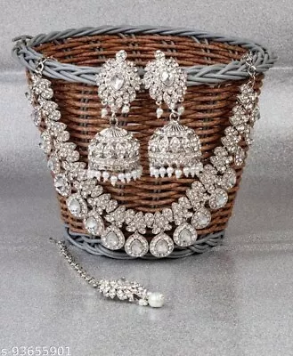$23.74 • Buy Indian Bollywood CZ AD Wedding Silver Plated Fashion Jewelry Choker Necklace Set