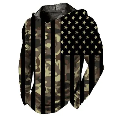 Men Hoodie Pullover Hooded Brown Camo Graphic USA American Flag Soft LightWeight • $19.98
