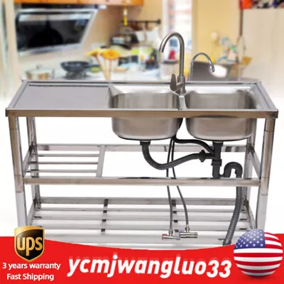 Free Standing Stainless-Steel Double Bowl Kitchen Utility Sink Set W/ Prep Table • $214.70