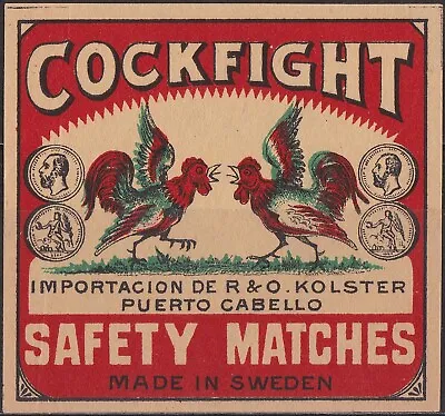 Old Matchbox Label Sweden For Venezuela The Cockfight PACKET SIZE 6.5 X 6.1 Cm • $3.69