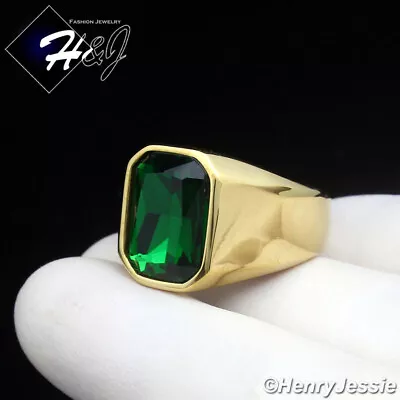 MEN's Stainless Steel Rectangle Green Gemstone Gold Plated Ring Size 7-12*GR151 • $17.99