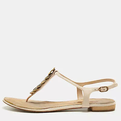 Chanel Beige Leather CC Coin Thong Strap Flat Sandals Size 39.5 • $329.70