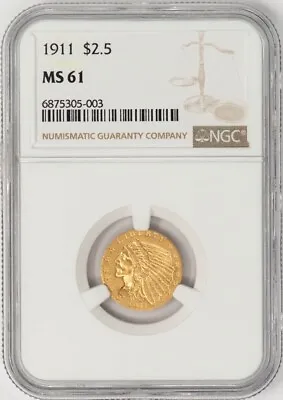 1911 $2 1/2 Gold Indian $2.5 MS61 NGC 948313-25 • $595