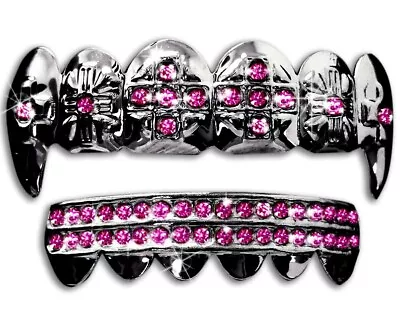 Gun Metal Pink Lolipop CZ Mouth Teeth Grillz Upper Lower Fangs Set W Molds • $10.99