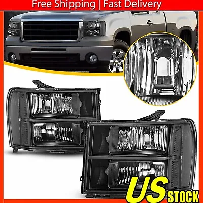 For 2007-2013 GMC Sierra 1500 2500HD 3500HD Halogen Black Headlights LH+RH 07-13 • $82.64