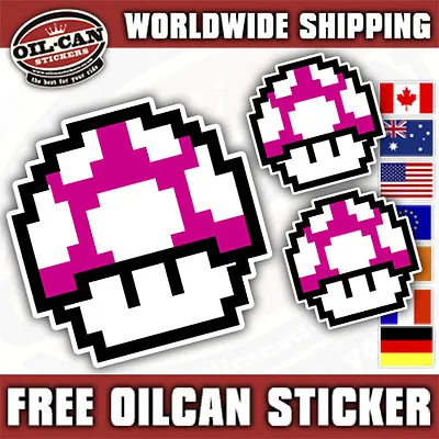 8 Bit Mushroom Sticker Set X3 Decals Pink 1x 85x85mm 2x 45x45mm • $2.97