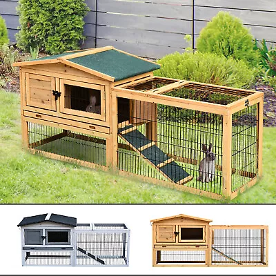Outdoor Fir Wood Rabbit Hutch Bunny Cage Run W/ 2 Levels Patio & Pull Out Tray • $125.99