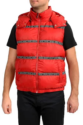 Versace Men's Red Logo Print Full Zip Sleeveless Parka Hooded Vest US S IT 48 • $499.99