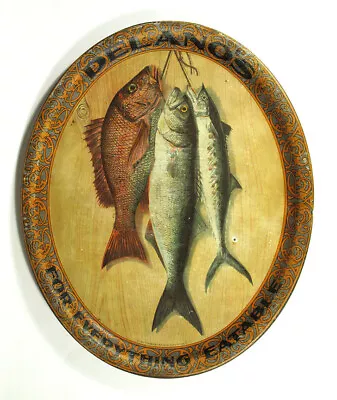 1910s Scarce Large Antique DELANO'S Tin ADVERTISING TRAY String Of Fish Fishing • $78