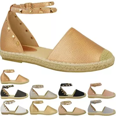 Womens Ladies Espadrilles Ankle Strappy Flat Summer Sandals Rock Stud Shoes Size • £16.99