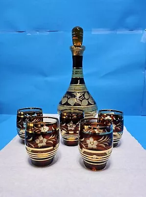 Bohemian Czech Smokey Brown Gold Etched Decanter & 5 Crystal Glasses  • $24.77