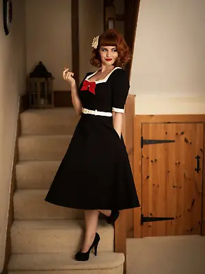 Collectif Sadie 50s Swing Dress Plus Size 18-26 Black Nautical Sailor Rockabilly • £75