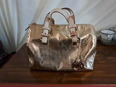 Michael Kors Grayson Metallic Rose Gold Logo Satchel Handbag Excellent Condition • $79