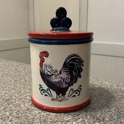 Rooster Canister / Cookie Jar With Lid ~ Ivory Red Blue ~5.5” Tall Plus Lid • $12.95