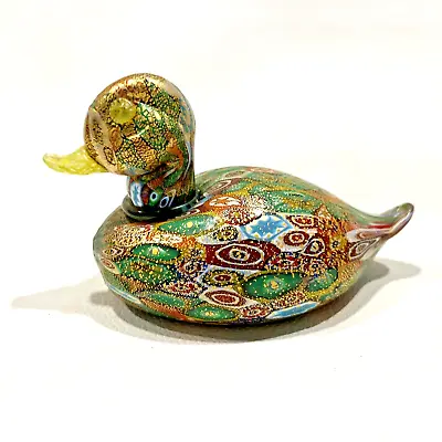 Murano Millefiori Glass Mallard Duck Figurine 4.75 X3  Gold Multicolor • $50.55