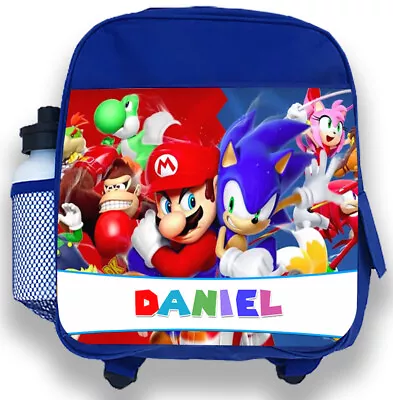 Personalised Kids Blue Backpack Any Name Mario & Sonic Boys Childrens School Bag • £19.99