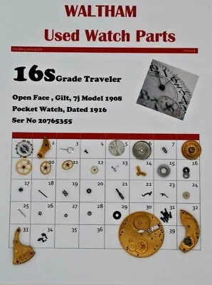 Waltham Used Watch Parts 16 / 16s  Model 1908 Traveller Ser No 20766355 WP2/28 • £4.99