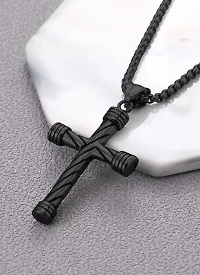 Mens Women Chain Necklace Black Cross Stainless Steel Pendant Crucifix Jesus • £5.99