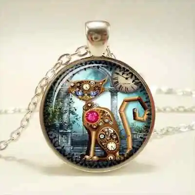 Steampunk Animal Cat Glass Cabochon Pendant Necklace Womens Sweater Chain Gift • $9.98