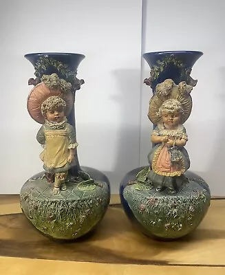 Pair Of Antique Johann Maresch Cobalt Blue Fine Art Terracotta Sculptures Vases • $450