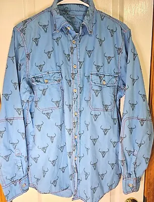 Barn Fly Men's Western Shirt Medium Cattle Longhorn Skull Blue W/ Red Stitching • $26.95