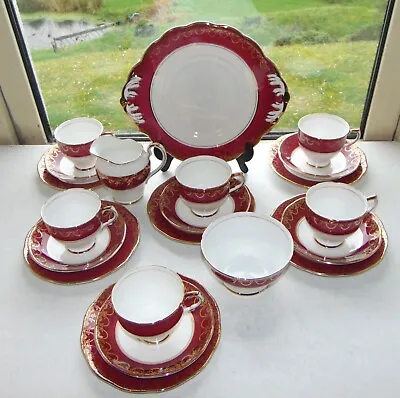 Salisbury Fine China Pattern 2004  21 PC Cups Saucers Plates Bowl Red Gilt • £38