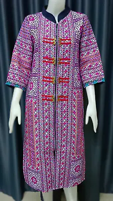 Women's Thai Hmong Cotton Long Dress Hand Embroid Purple Front Zip Long Sleeve • $105