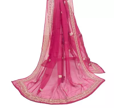 Sushila Vintage Pink Dupatta Chiffon Silk Zari Embroidered Floral Long Stole • $23.99