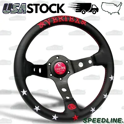 7stars 330mm Vertex Leather Deep Dish Steering Wheel Red Stitch For OMP MOMO Rac • $63