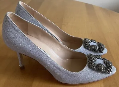 Manolo Blahnik Silver Glitter Fabric Hangisi 90 Mm Shoes Sz 36.5 $1145 • $449