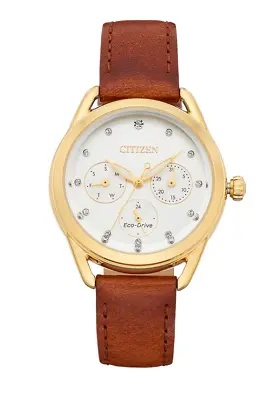 Citizen Eco-Drive LTR Women's Crystals Brown Leather Strap Watch 38mm FD2052-07A • $77.99