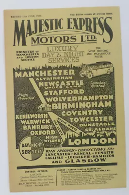 Majestic Express Motors June 1935 ~ London - Manchester Timetable  Leaflet • £19.99