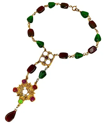 CHANEL 1985 80’s Necklace Pearls CC Gold Red Green Gripoix Goossens Vintage • $3999.17