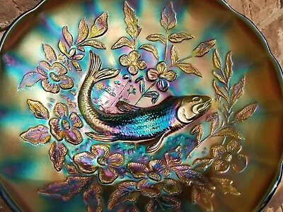 Millersburg Carnival Glass Green Trout And Fly ICS Bowl • $1299.95