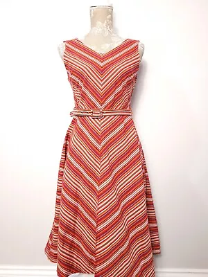 £17.99 • Buy Lindy Bop Dress Size 12 Fit & Flare Midi Chevron Belted Woven Stripe Sleeveless
