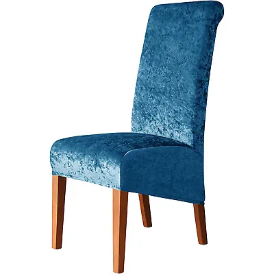 Crush Velvet Stretch Dining Chair Covers Blue High Back Chair Seat Slipcovers • £6.99