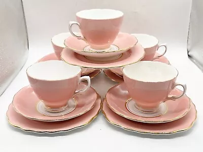 Vintage Colclough Pink Gilt Set Of 5 Tea Cups Teacups Saucers Side Plates Trios • £32.99
