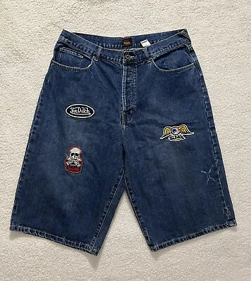 Von Dutch Jean Shorts Patches Men's 38 (Actual 35x15) Flaw Missing Button Fly • $44.99