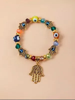 Hamsa Hand Evil Eye Bracelet With Random Color Crystal Beads String • $7.14