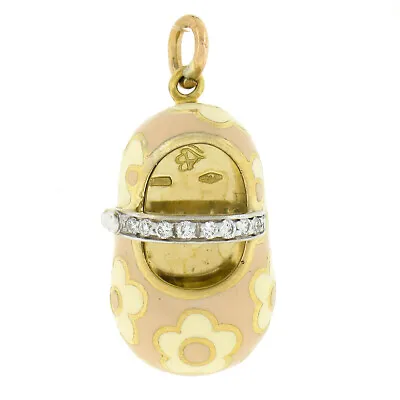 Aaron Basha 18K Gold Pastel Pink Enamel Flower & Diamond Baby Shoe Charm Pendant • $1118.40