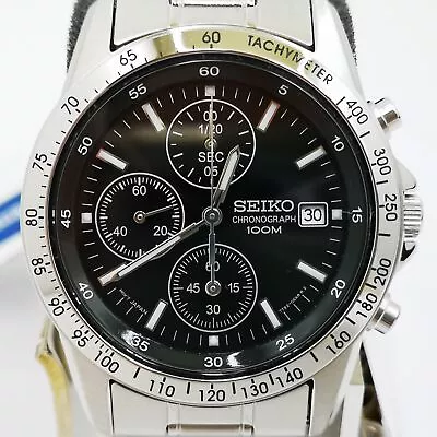 SEIKO Chronograph SND367PC Black Silver Men's Watch New In Box • $102