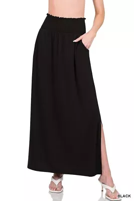 Women's Smocked Waist Side Slit Maxi Skirt With Pockets 19 Colors S-XL • $15.99