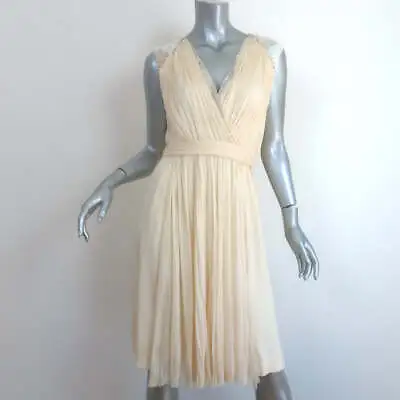 J Mendel Embellished Sleeveless Dress Ivory Pleated Silk Chiffon Size 8 • $595