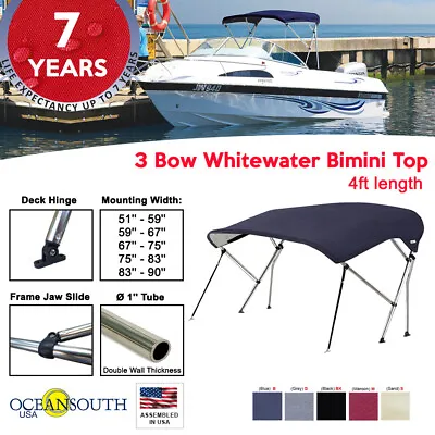 Oceansouth 3 Bow BIMINI TOP Boat Cover 4ft Long With Rear Support Poles • $166.22