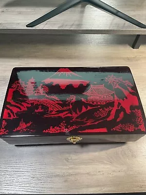 Vintage Powell Chinese Black Red Lacquer Jewelry Box 12x7   Tag Box • $34.99