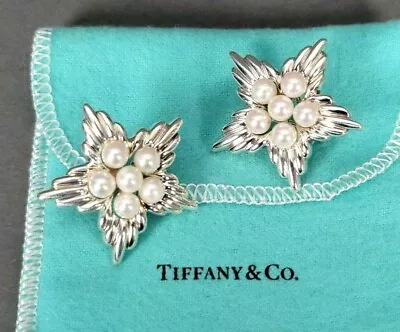 Tiffany & Co Earrings Sterling Silver Pearl Pierced Starburst Omega Backs Vtg • $695