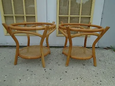 Pair Bamboo Side Tables End Round Hollywood Regency Rattan Cottage Coastal 2 • $250