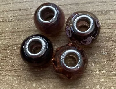 925 Silver Pandora Murano STYLE Glass Beads- Purple  - Set Of 4 • £4