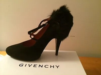 NIB Givenchy Suede Black Mink Fur Heel Platform Criss Cross Pump Barneys 39.5 • $250